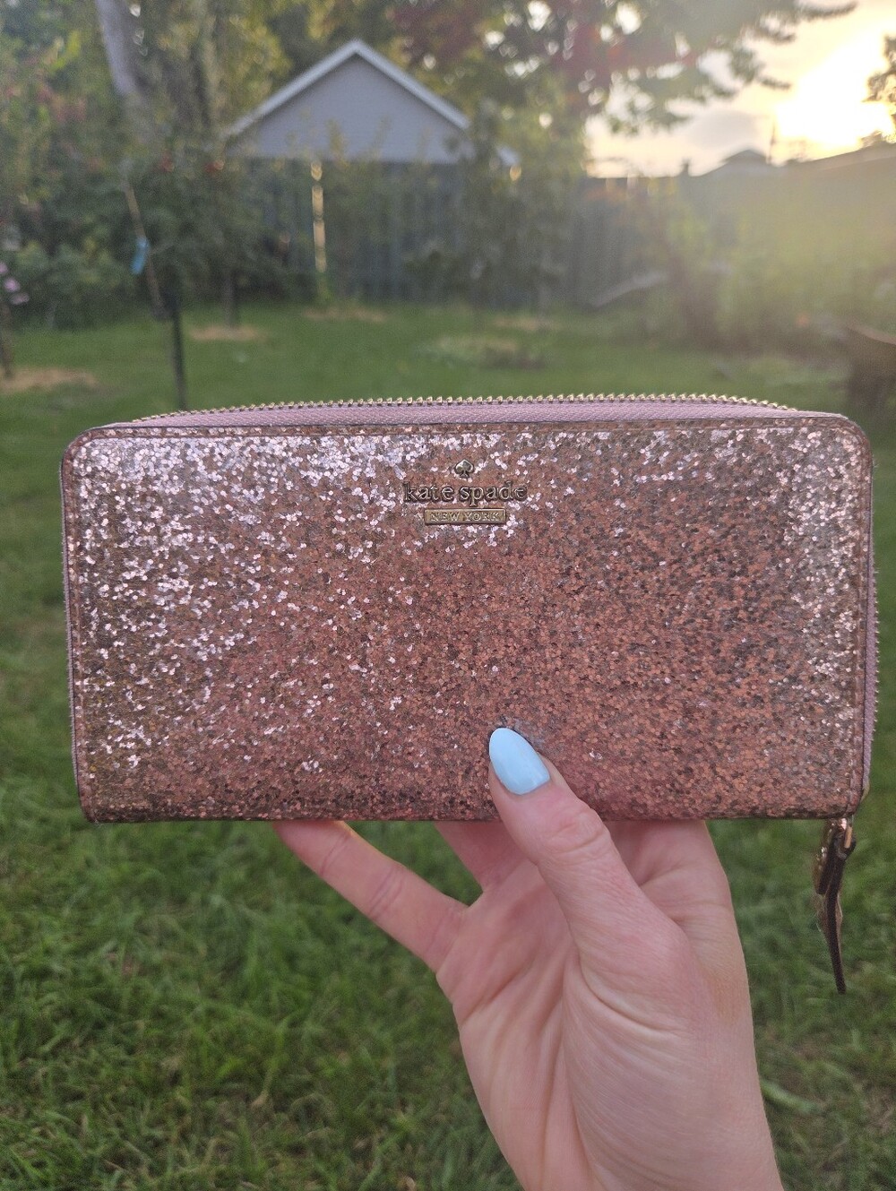 kate spade Metallic Rose Gold Glitter Zip Around Wallet